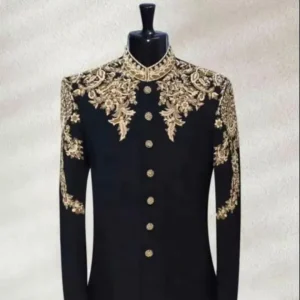 Black Sherwani with Gold Embroidery by Men Designers.