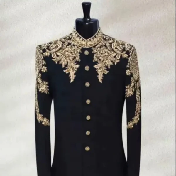 Black Sherwani with Gold Embroidery by Men Designers.
