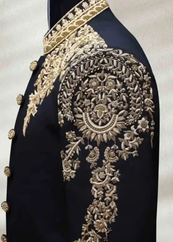 Black Sherwani with Gold Embroidery by Men Designers.