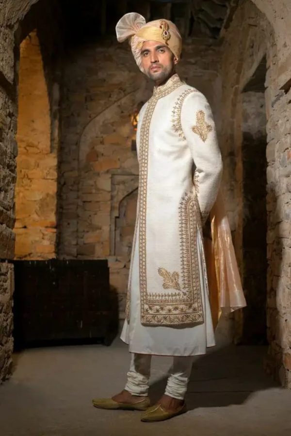 Luxury Men’s Handcrafted Sherwani with Naroba Fabric and Organza Silk Turban