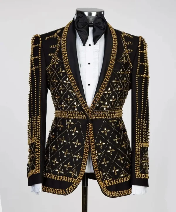 Royal Marquis Gold Beaded Black Tuxedo - Front Side Pic