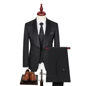 Shadow Bloom Black Jacquard Shawl Lapel Three-Piece Suit