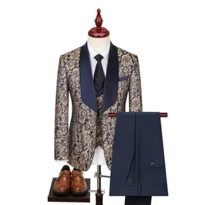 Paisley Navy and Gold Jacquard Shawl Lapel Three-Piece Suit