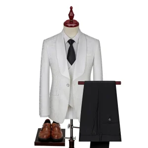 Ivory Whisper Floral Jacquard Shawl Lapel Three-Piece Suit
