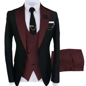 Merlot Night Black and Burgundy Peak Lapel Three-Piece Suit