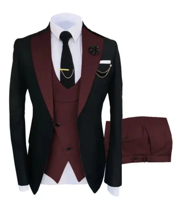Merlot Night Black and Burgundy Peak Lapel Three-Piece Suit