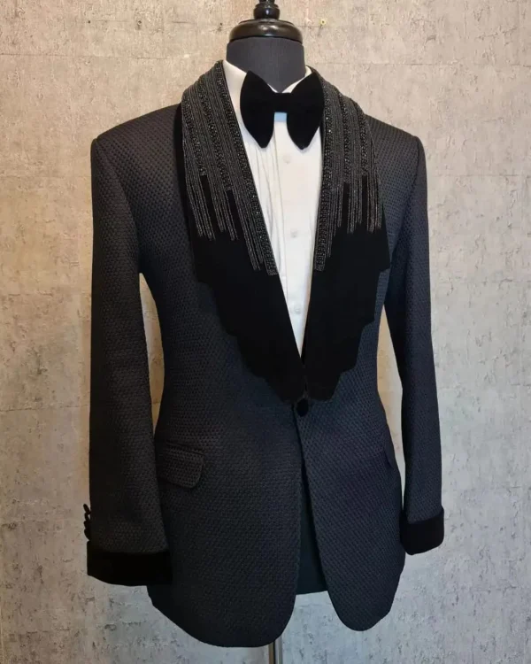 Drip Hand Embroidered Black Check Jacquard Tuxedo Jacket