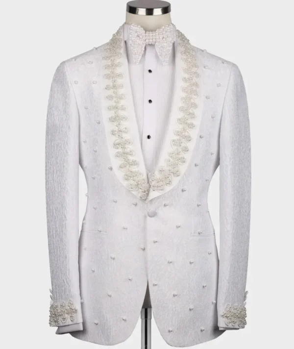 Ivory Pearl Embellished Tuxedo Jacket
