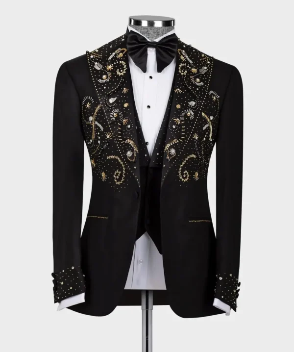 Midnight Galaxy Gold Beaded Tuxedo Jacket