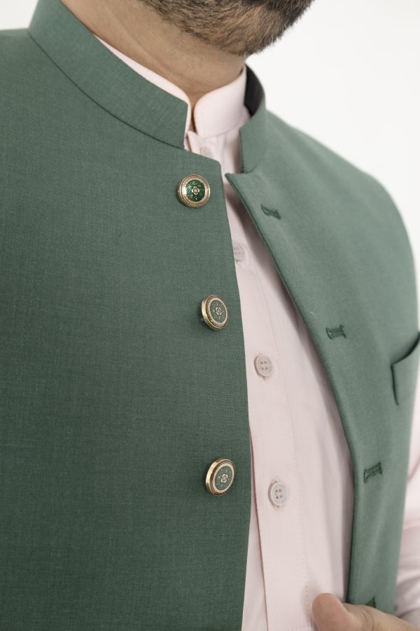 Men Designers Forest Green Tropical & Cool Wool Waistcoat - Image 3