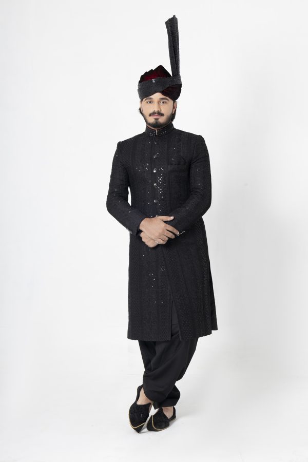 Midnight Black Multihead Handmade Embroidered Sherwani – SHMD-017 - Image 2