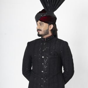 Midnight Black Multihead Handmade Embroidered Sherwani