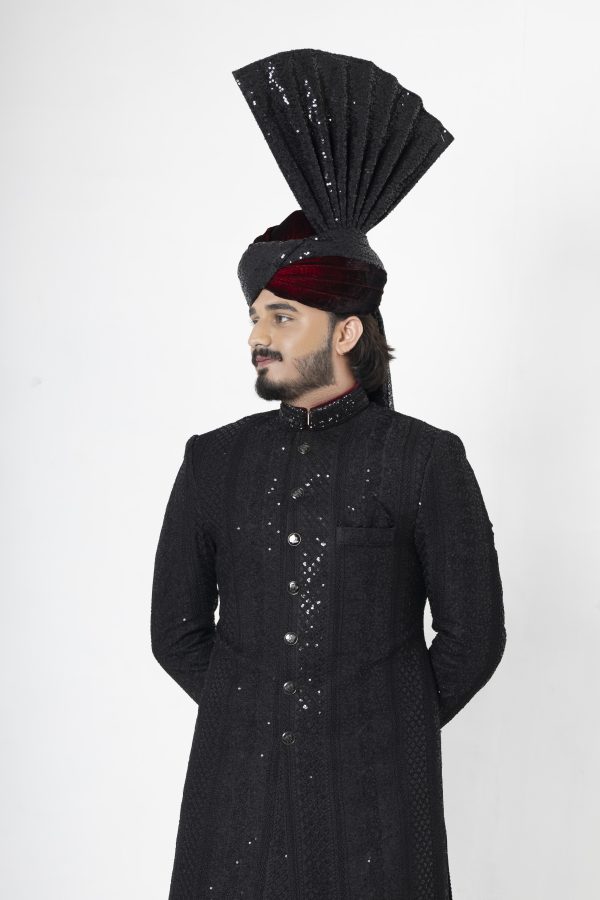 Midnight Black Multihead Handmade Embroidered Sherwani