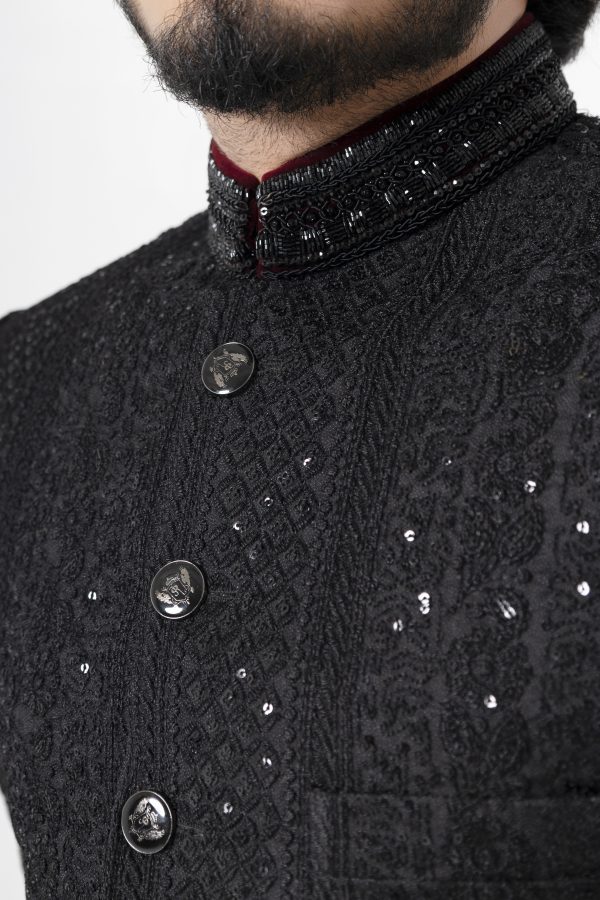 Midnight Black Multihead Handmade Embroidered Sherwani – SHMD-017 - Image 3
