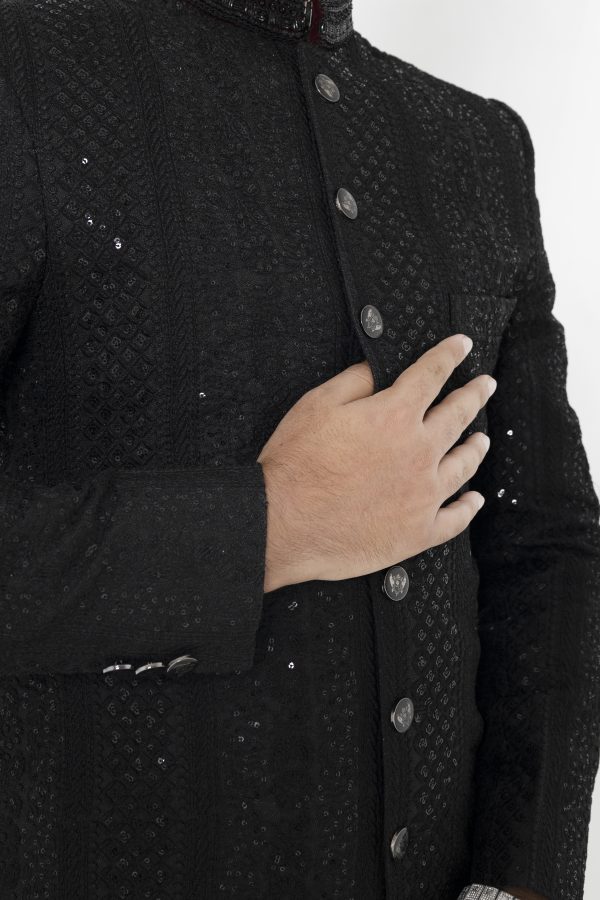 Midnight Black Multihead Handmade Embroidered Sherwani – SHMD-017 - Image 4