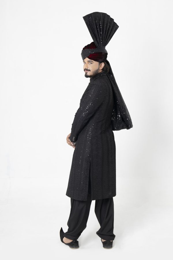 Midnight Black Multihead Handmade Embroidered Sherwani – SHMD-017 - Image 5