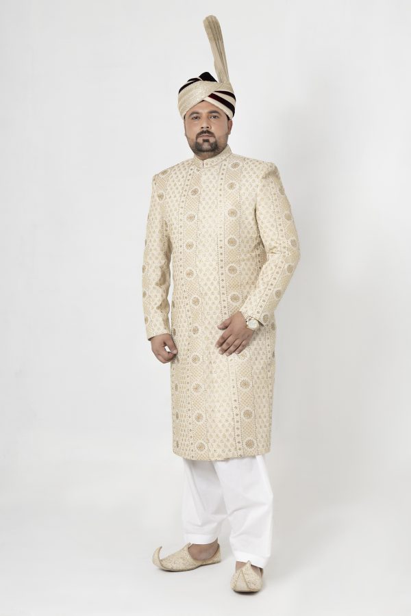Regal Ivory Embroidered Jamawar Sherwani-SHMD-015 - Image 2