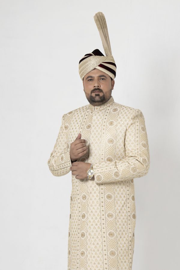 Regal Ivory Embroidered Jamawar Sherwani-SHMD-015 - Image 3