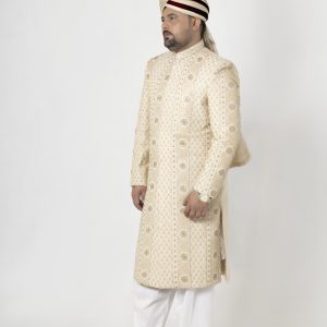 Regal Ivory Embroidered Jamawar Sherwani |