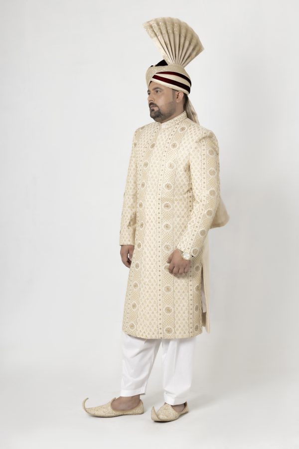 Regal Ivory Embroidered Jamawar Sherwani |