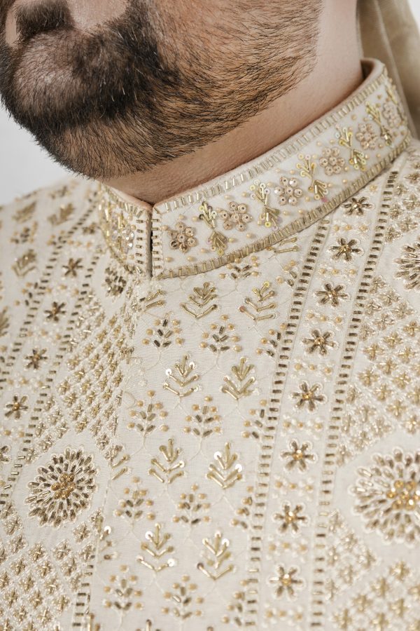 Regal Ivory Embroidered Jamawar Sherwani-SHMD-015 - Image 4
