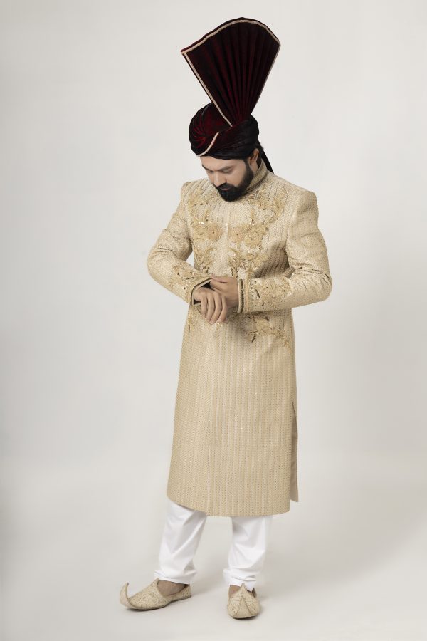 Regal Ivory Embroidered Sherwani with Matching Khussa