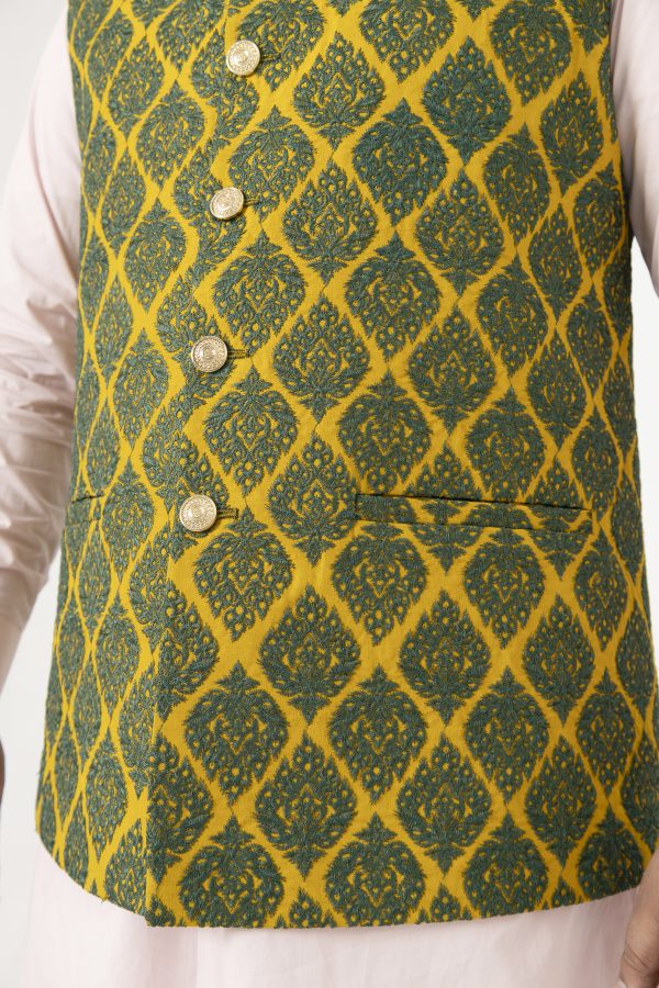 Men Designers Yellow & Green Krandi Jamawar Festive Waistcoat - Image 4