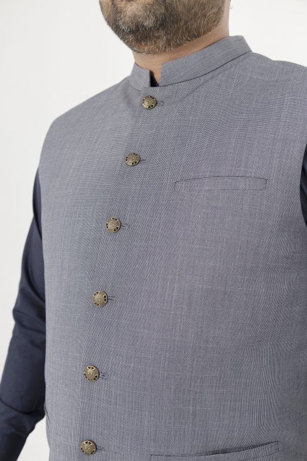 Grey Textured Tropical & Cool Wool Waistcoat - Close