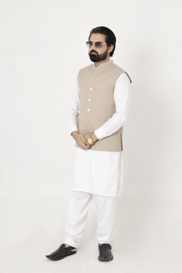 Men Designers Beige Tropical & Cool Wool Waistcoat - Image 2