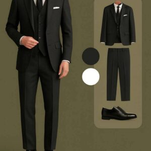 A man in a classic black three-piece suit with a white shirt, black tie, and black Oxford shoes.